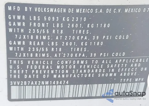 2022 Volkswagen Tiguan 2.0T Se z USA, uszkodzony, nr VIN 3VV2B7AX2NM149474